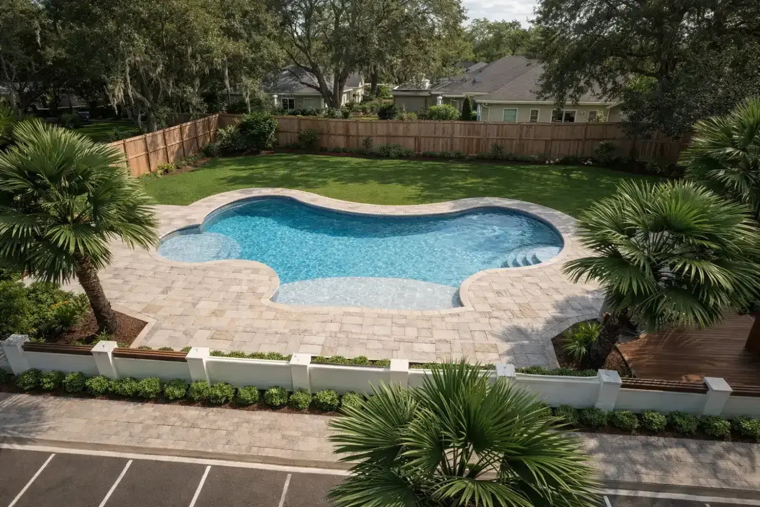 3D rendering: freeform amenity pool with a paver deck and palm planting, seen from the parking approach