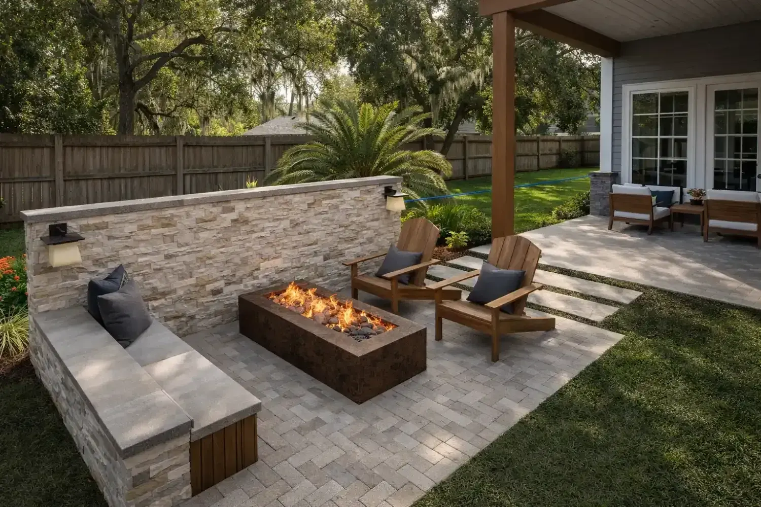 3D rendering: fire table and stone seat wall beside a wood pergola