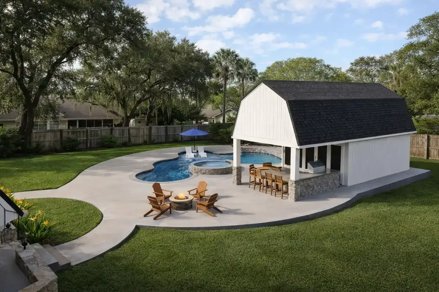 3D rendering: freeform pool with a barn-style cabana, outdoor bar and fire pit under live oaks